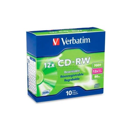 Verbatim Americas Verbatim CD-RW Discs, 95156, 4-12X, 700MB/80Min, Slim Case, 10/Pk, Silver 95156